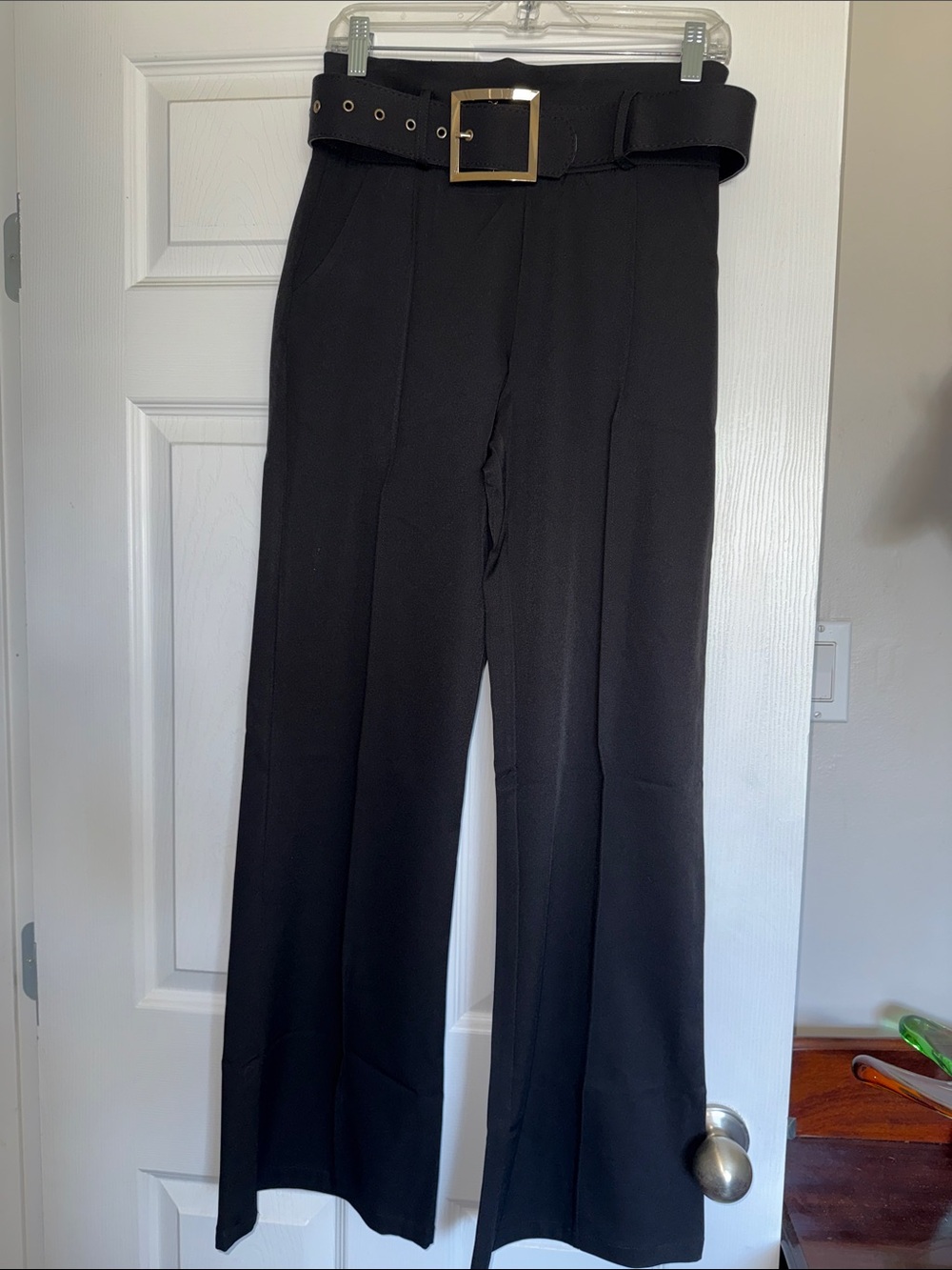 Unbranded High-Waist Black Wide-Leg Pants with Statement gold Belt NWOT Med